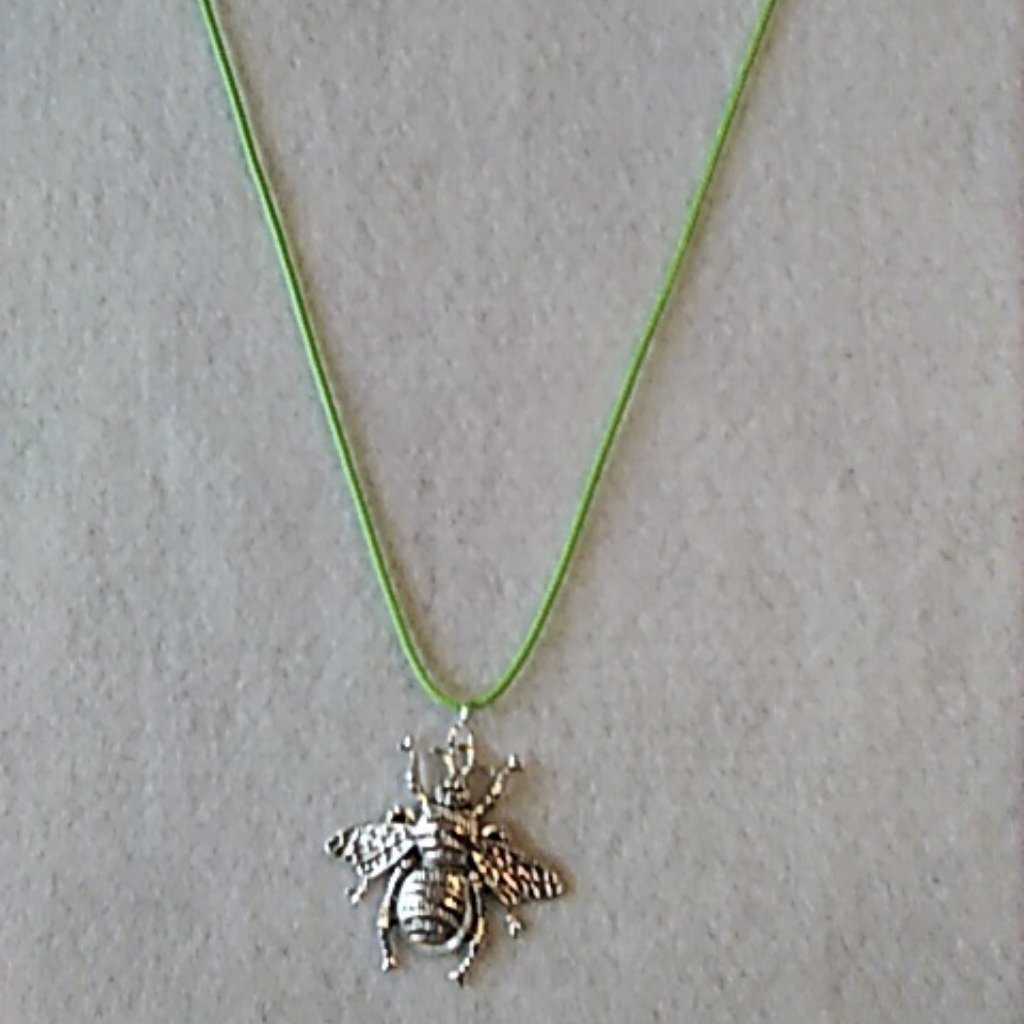 Necklace Bee Large Silver-Tone On Light Green Cord Handcrafted New